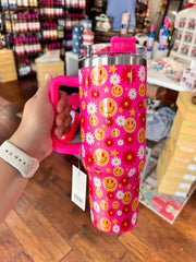 Red Flower Happy Face Tumbler - Hey Heifer Boutique