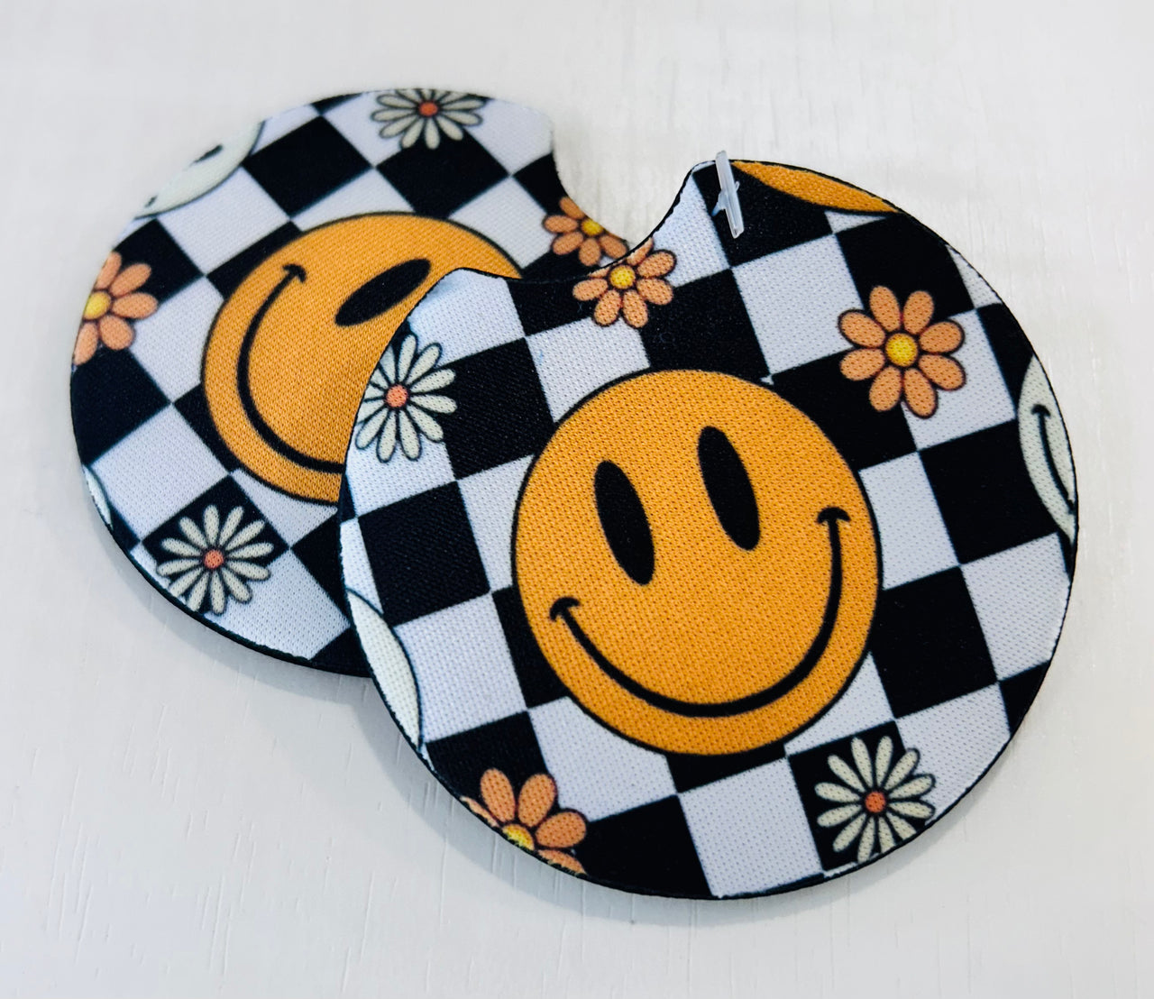 Checkered Smiley Car Coaster Set (2)