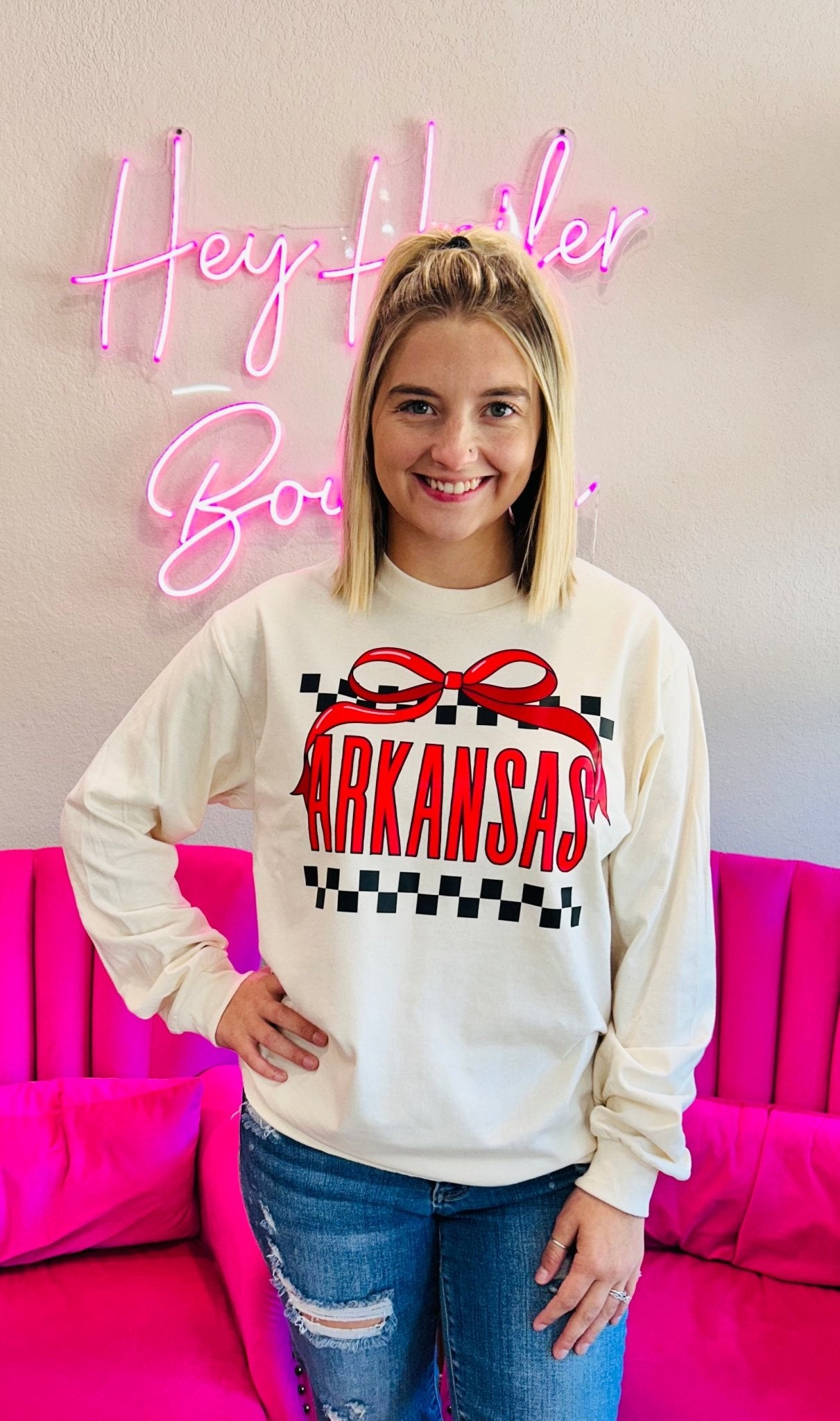 Arkansas Checkered Coquette Tee - Hey Heifer Boutique