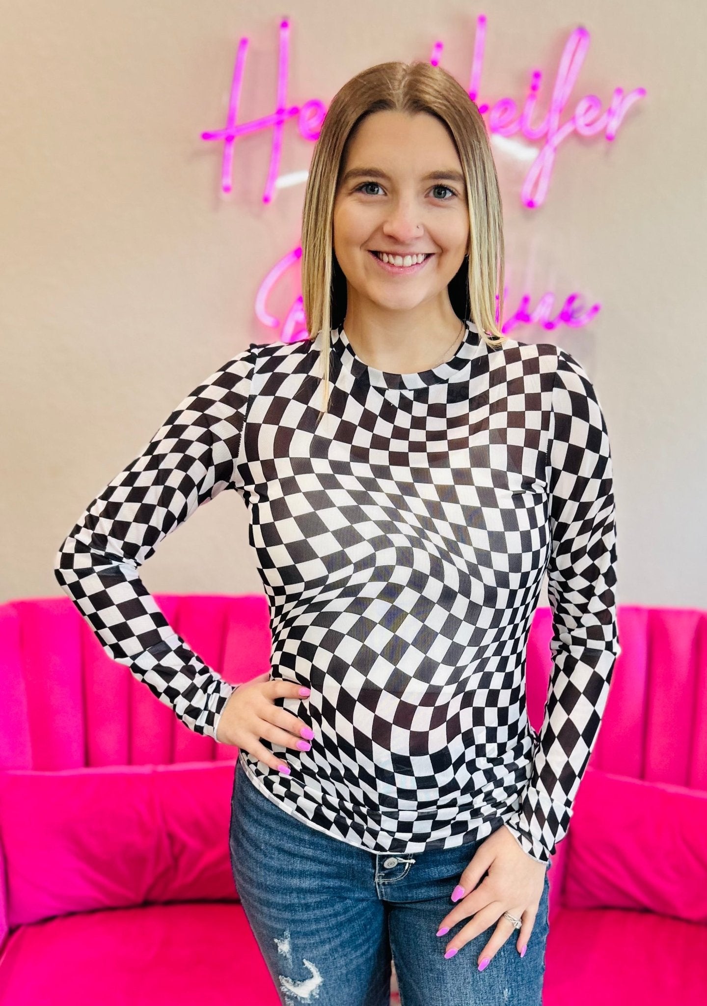 Black & white Checkered Top - Hey Heifer Boutique