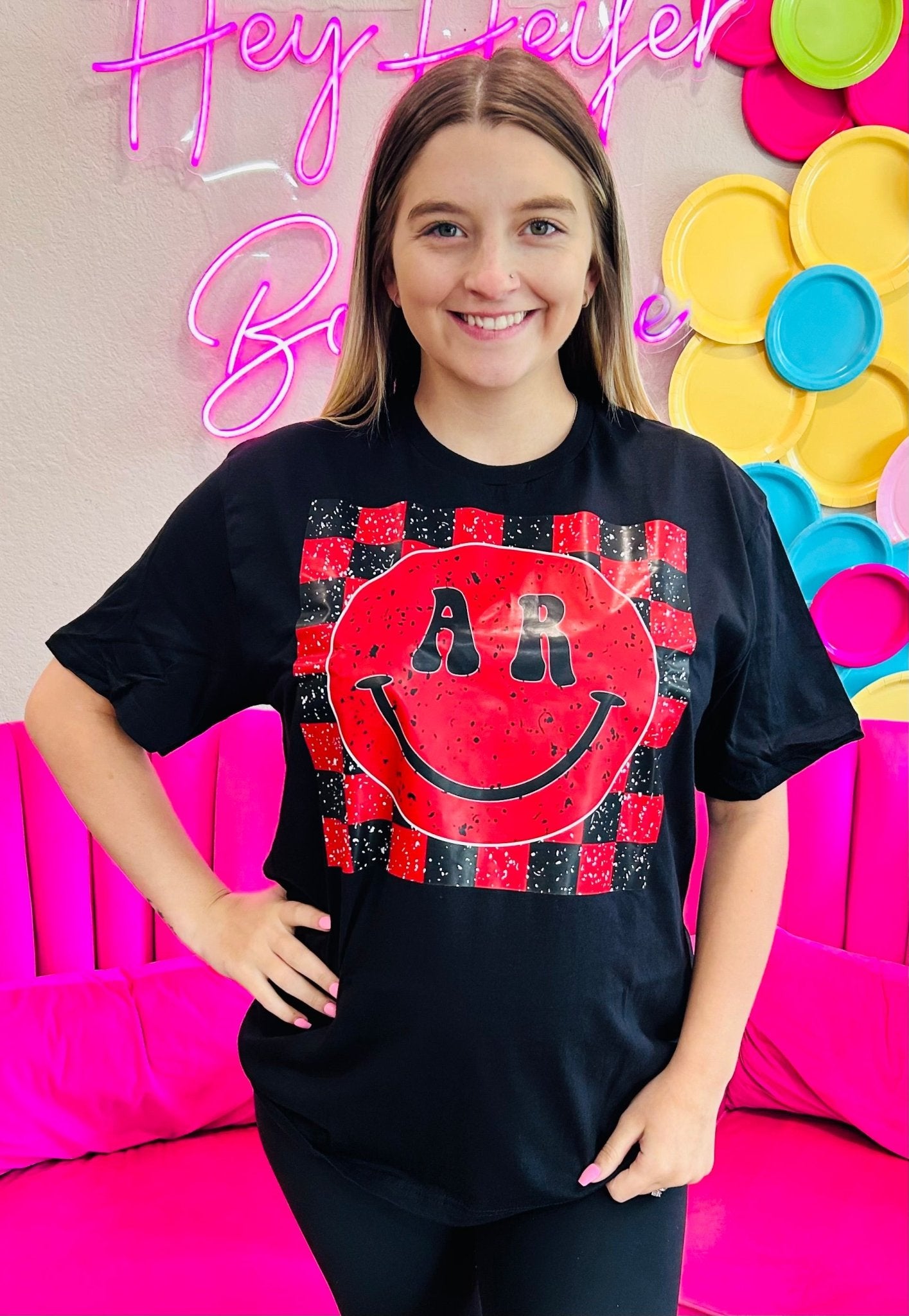 Red Checkered Smiley AR Tee - Hey Heifer Boutique