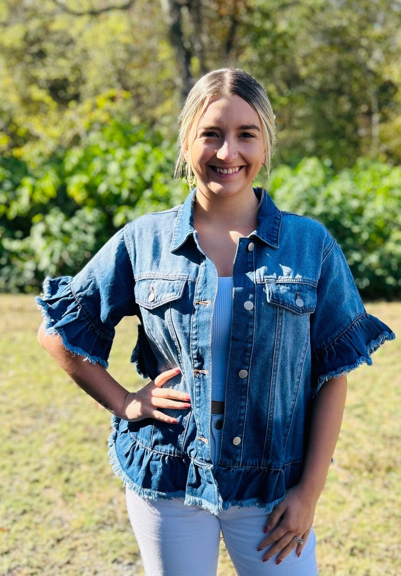 The Josie Ruffled Denim Jacket - Hey Heifer Boutique