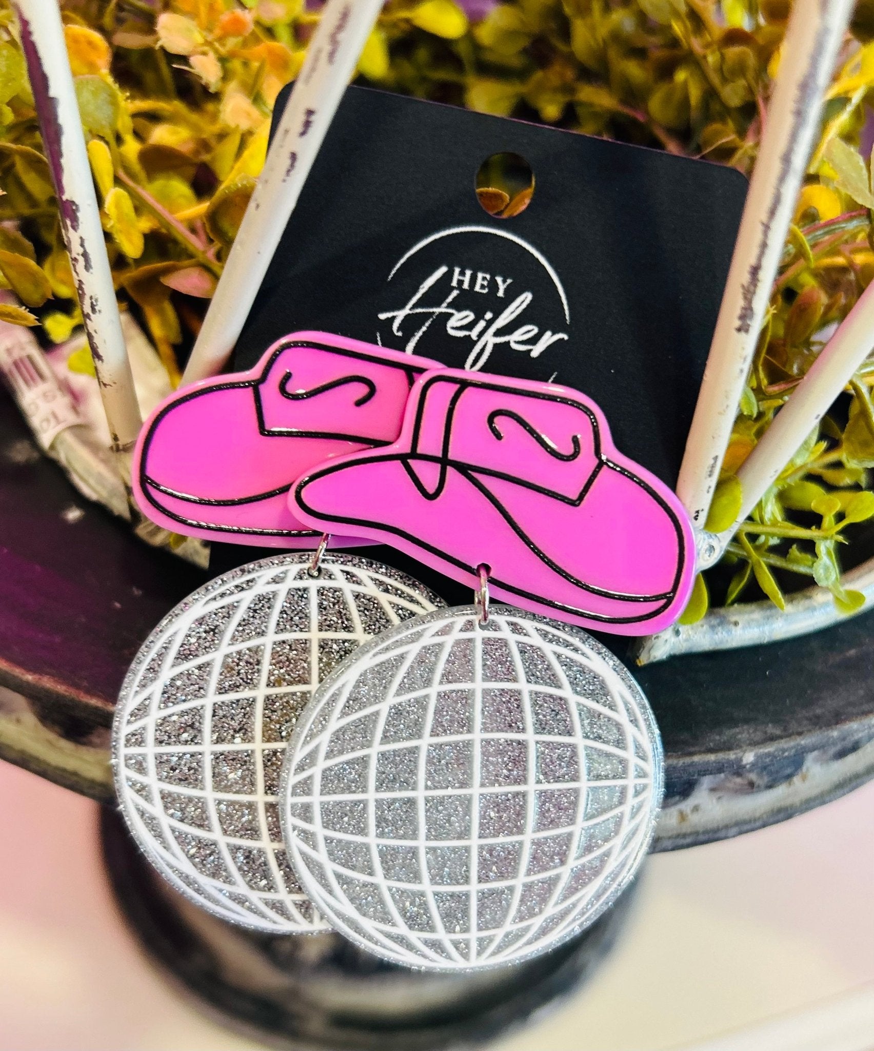 Cowgirl Hat & Mirror Ball Earrings - Hey Heifer Boutique
