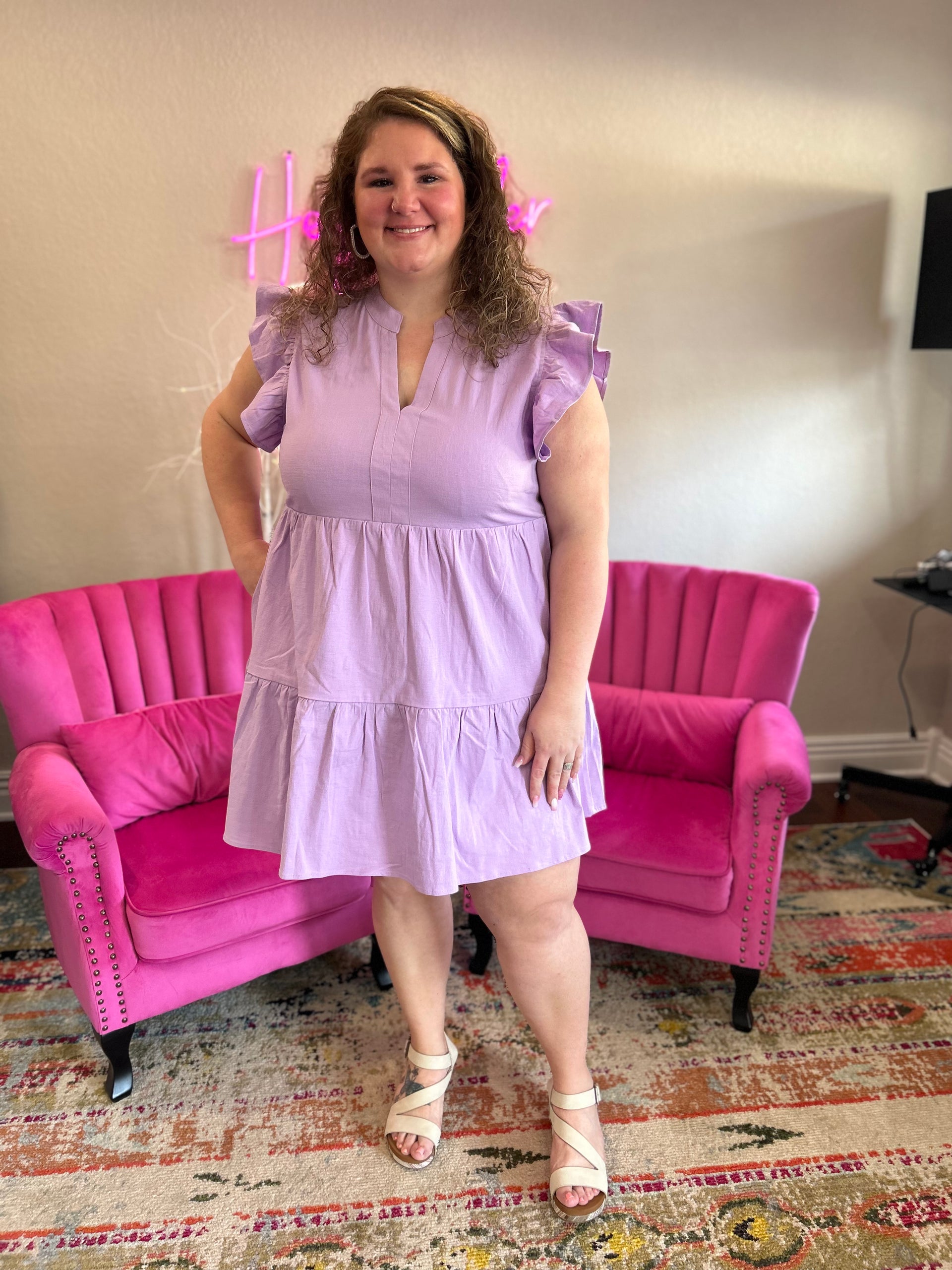 lavender ruffle sleeve dress